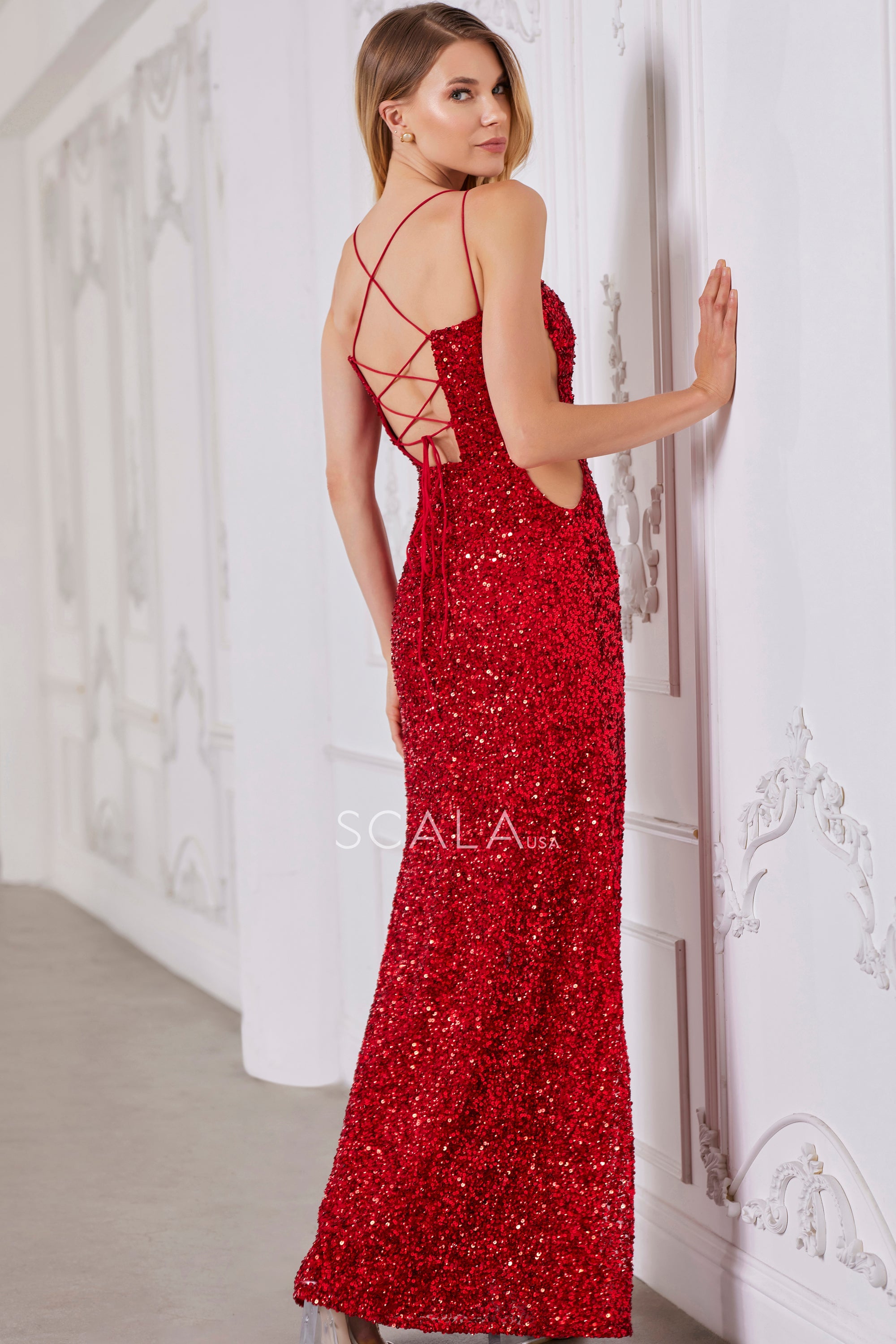 SCALA -80151 V-Neck Sequin Sheath Dress