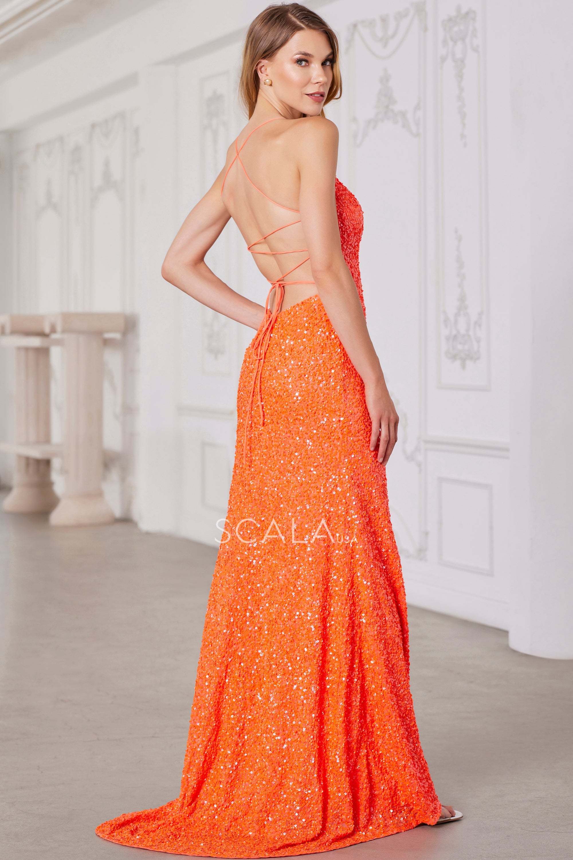 SCALA -80158 V-Neck Sequin Prom Sheath Dress