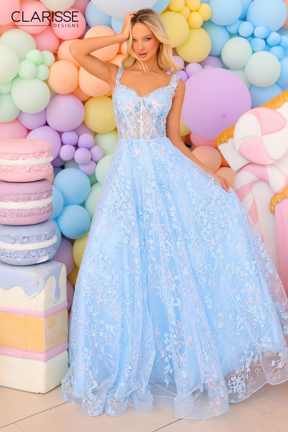 Clarisse -810787 Floral Embroidered Corset Bodice Prom Gown 10 / LIGHT BLUE Clarisse -810787 Floral Embroidered Corset Bodice Prom Gown 10 / LIGHT BLUE