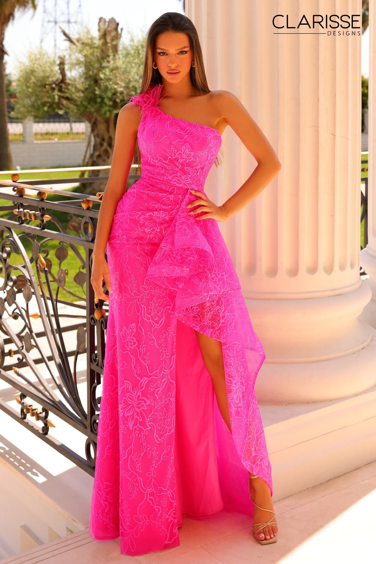 Clarisse -810929 Glittery Floral One-Sleeve Prom Gown