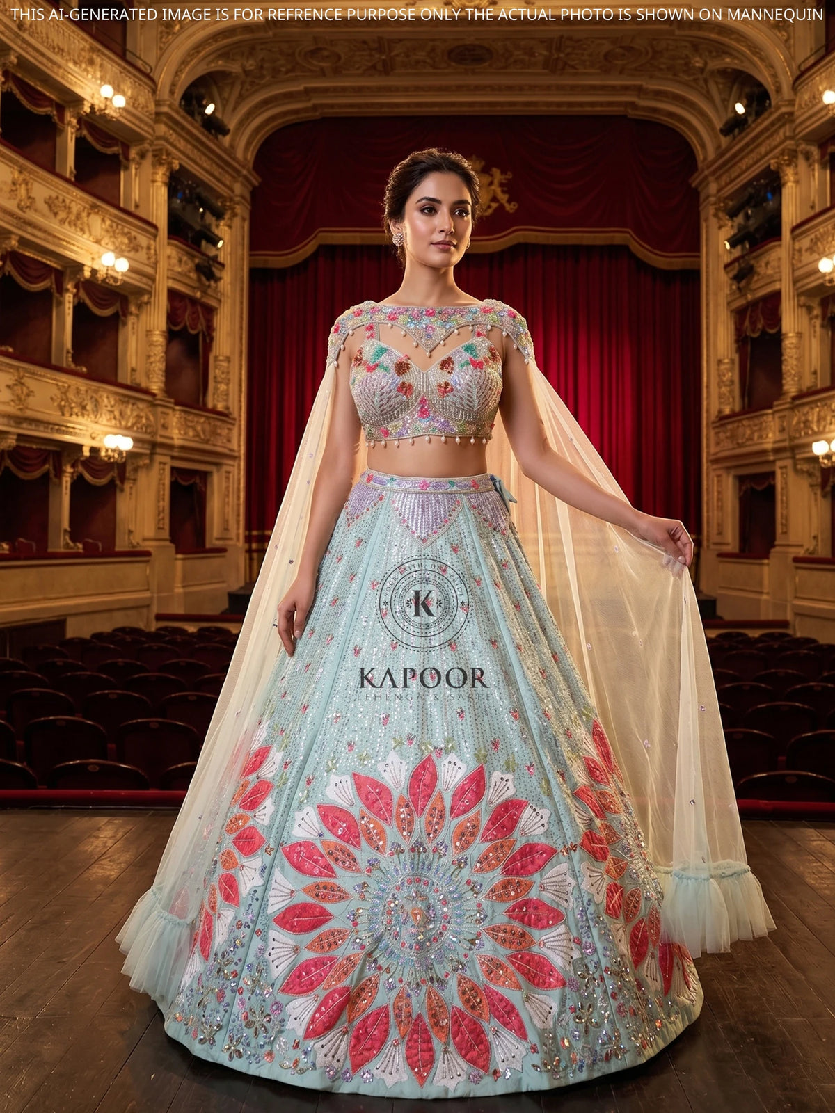 MyFashion KLS-2670 Silk Aplique Mirror Sequin Aqua Lehenga