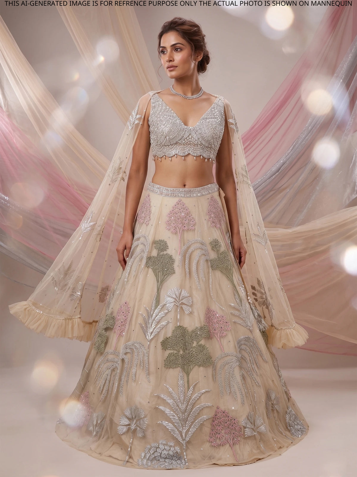 MyFashion KLS-2707 Beige Net Party Wear Lehenga with Mirror Sequins Design
