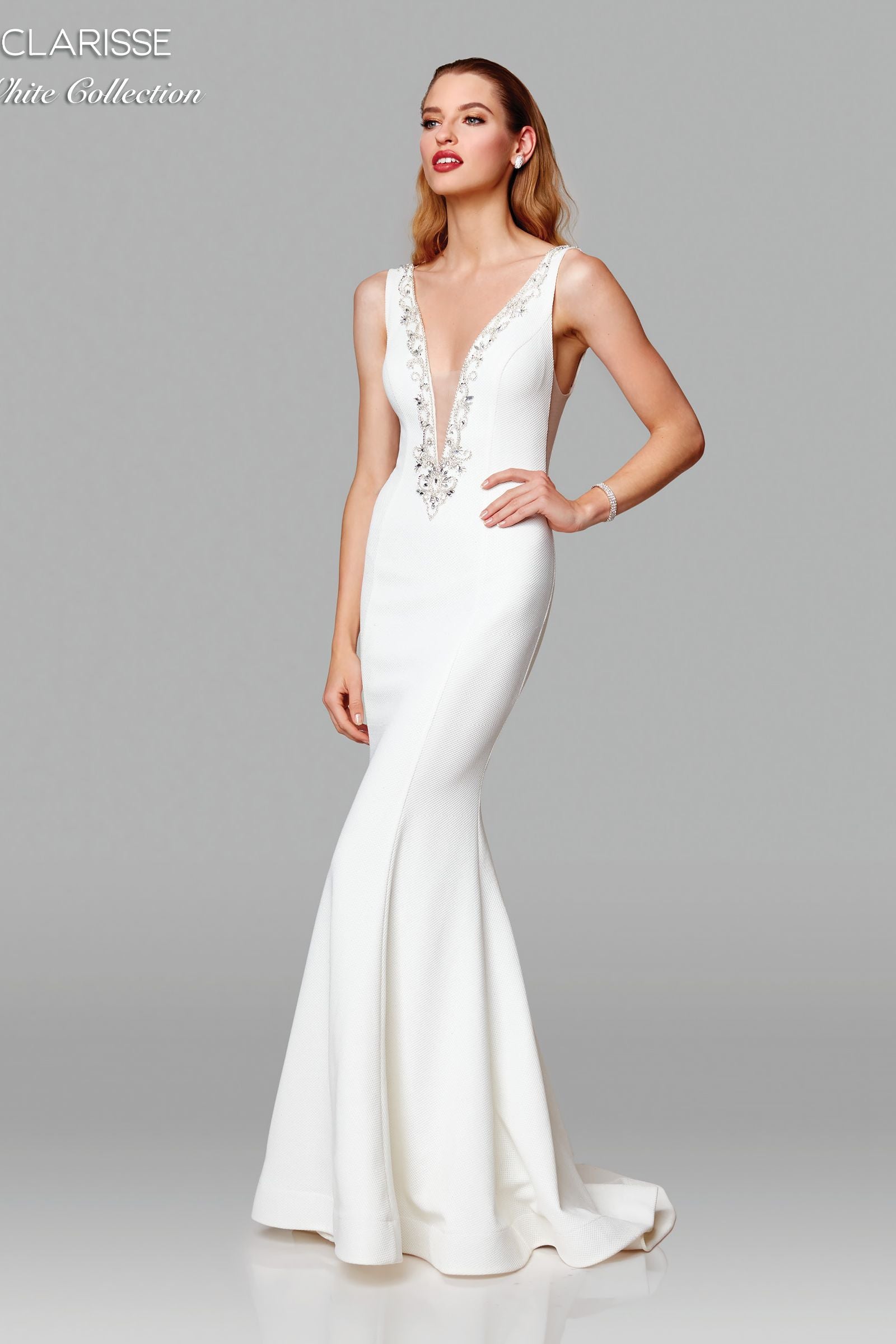 Clarisse -600129 Plunging V-Neck Fitted Bridal Dress