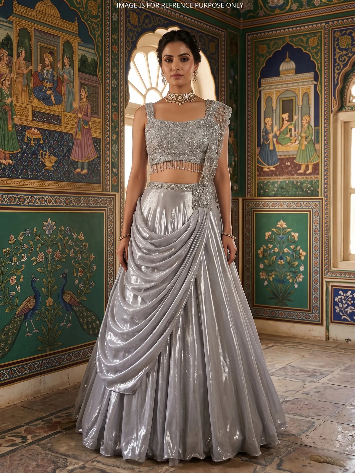 MyFashion KLS-2747 Designer Silver Tissue Party Wear Lehenga Pearl Sequins Work