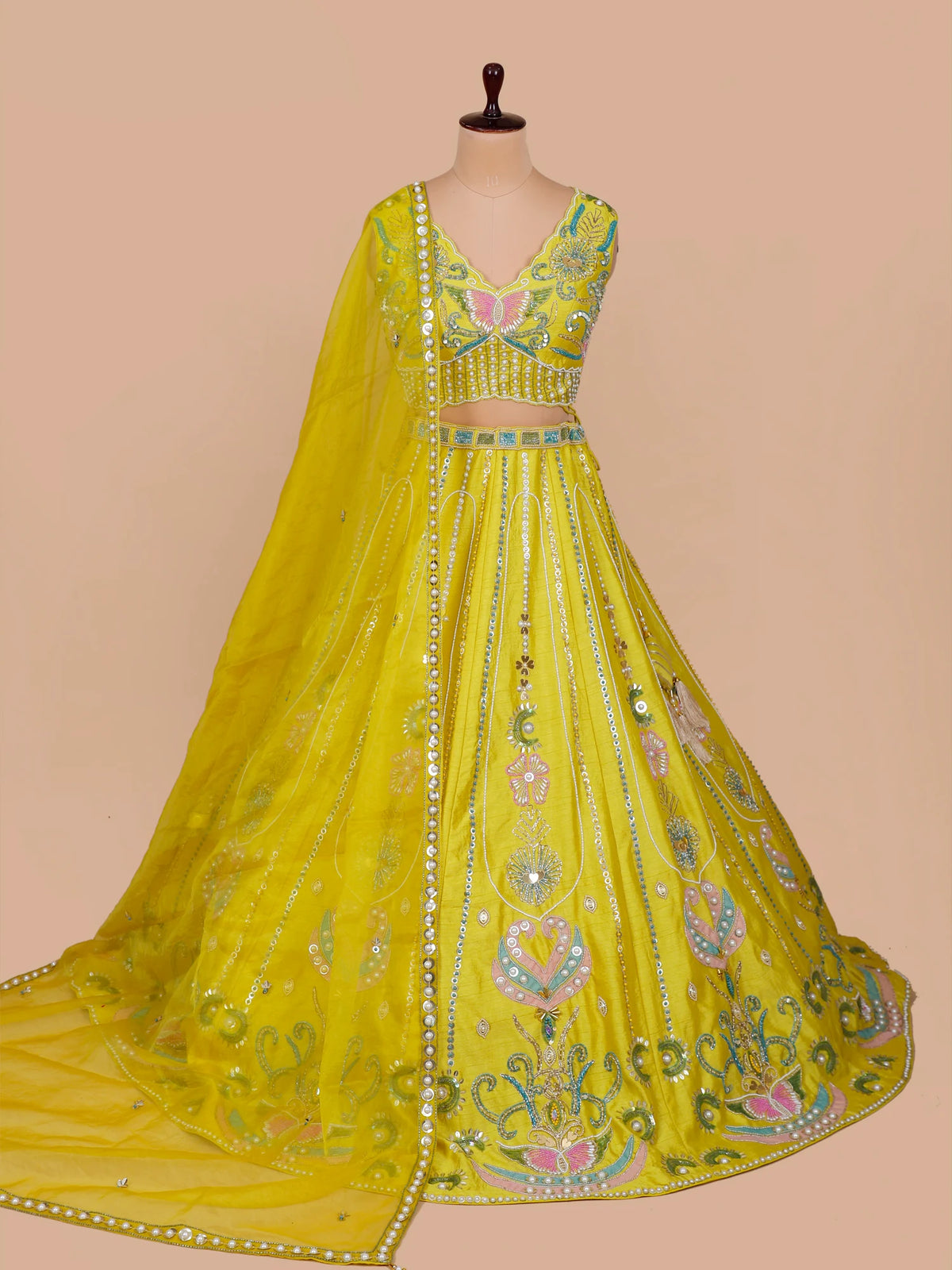 MyFashion KLS-2697 Yellow Silk Noorafza Pearl Moti lehenga