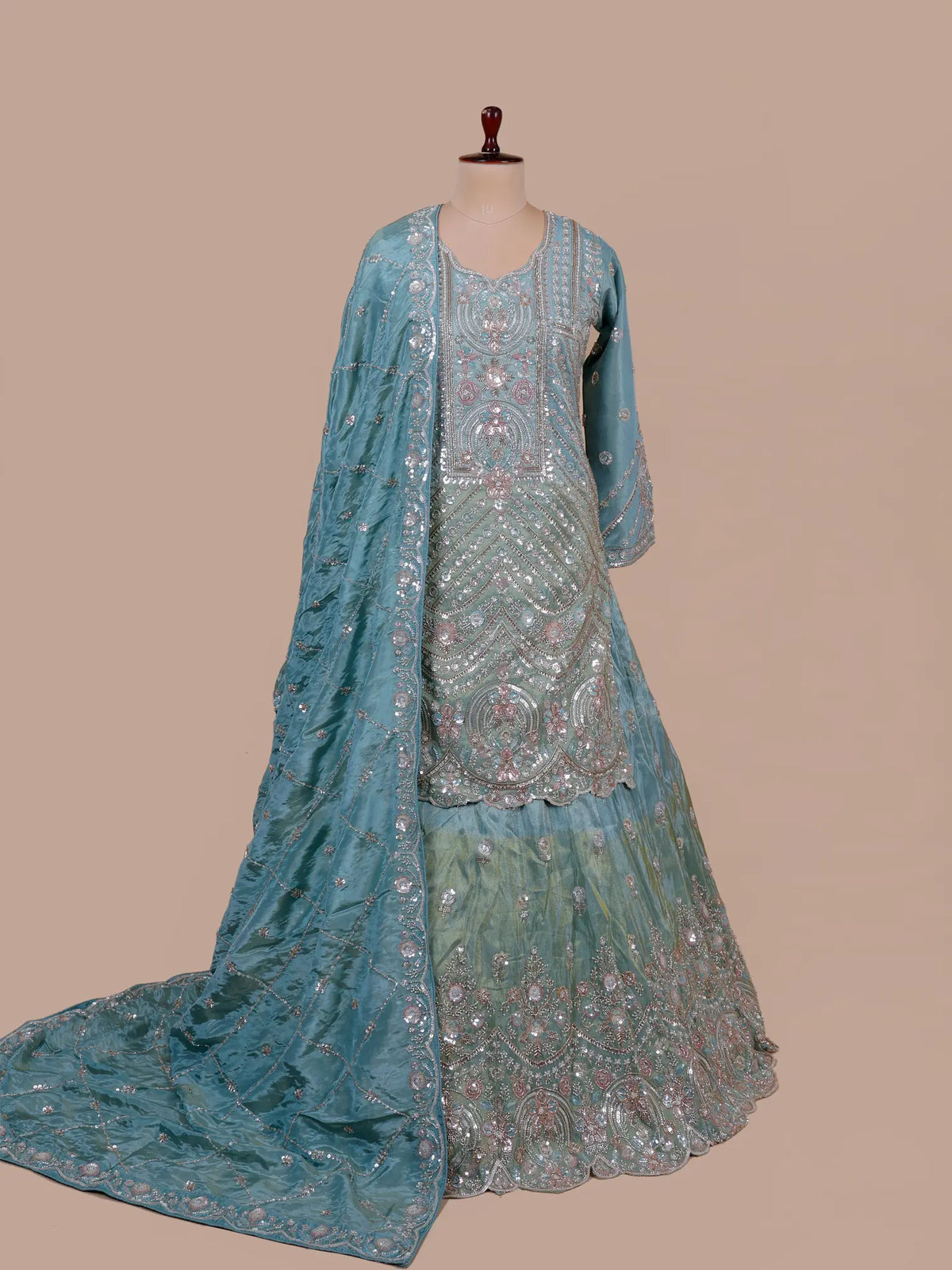 MyFashion KLS-2807 Premium Traditional Sky Blue Shimmer Peplum Lehenga With Pearl Work
