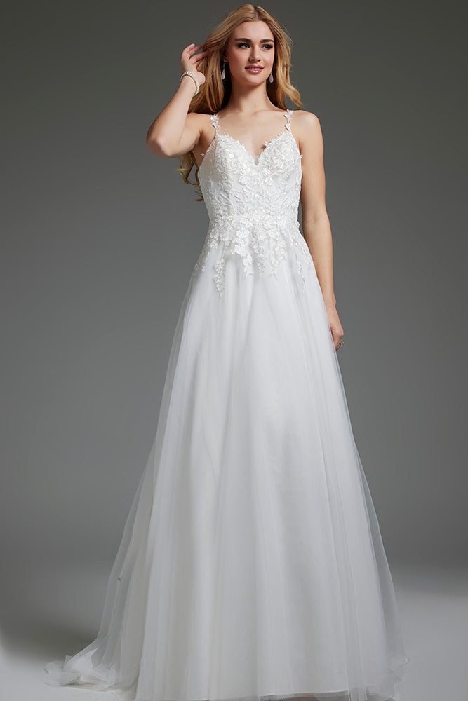 bcbg embroidered handkerchief dress 3D Applique Embroidery Tulle V-neck Open Back A-line Wedding Dresses,C –  clover sew main image 1