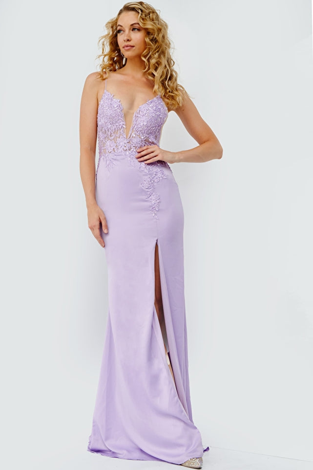 Jovani -23124B Embroidered Bodice Plunging Neck Prom Dress