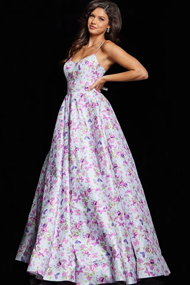 Jovani -JVN38218 Floral V-Neck Prom Ball Gown