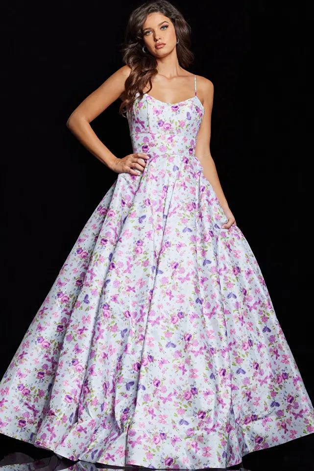 Jovani -JVN38218 Floral V-Neck Prom Ball Gown