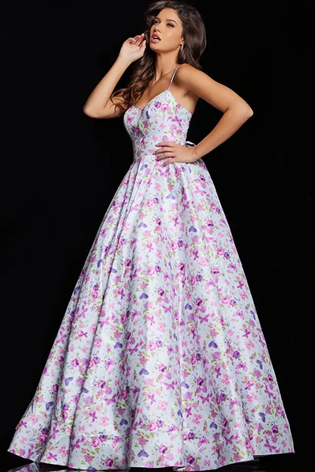 Jovani -JVN38218 Floral V-Neck Prom Ball Gown