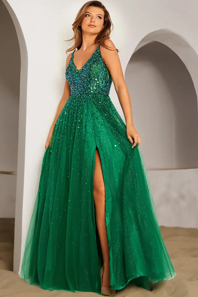 Jovani -38437 Beaded V-Neck Prom Ball Gown