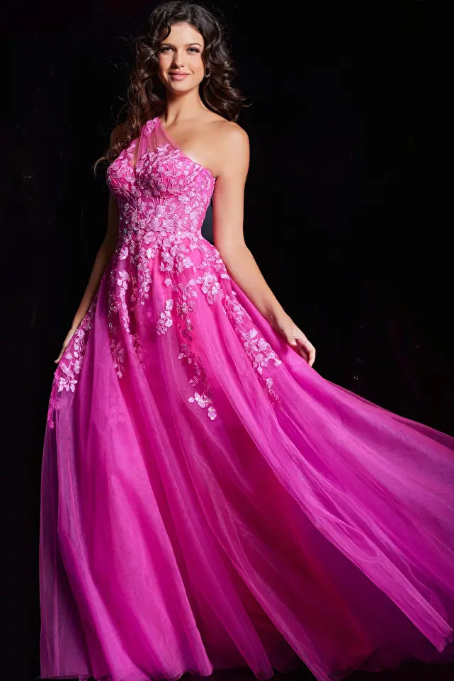 Jovani -39318B Floral Embroidered Asymmetric A-line Gown