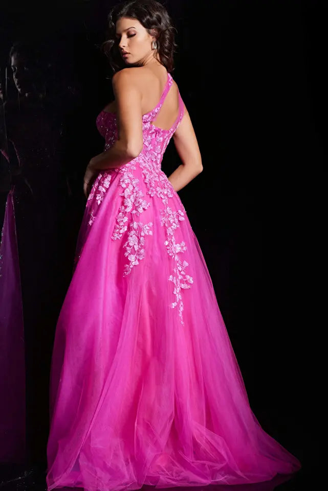Jovani -39318B Floral Embroidered Asymmetric A-line Gown