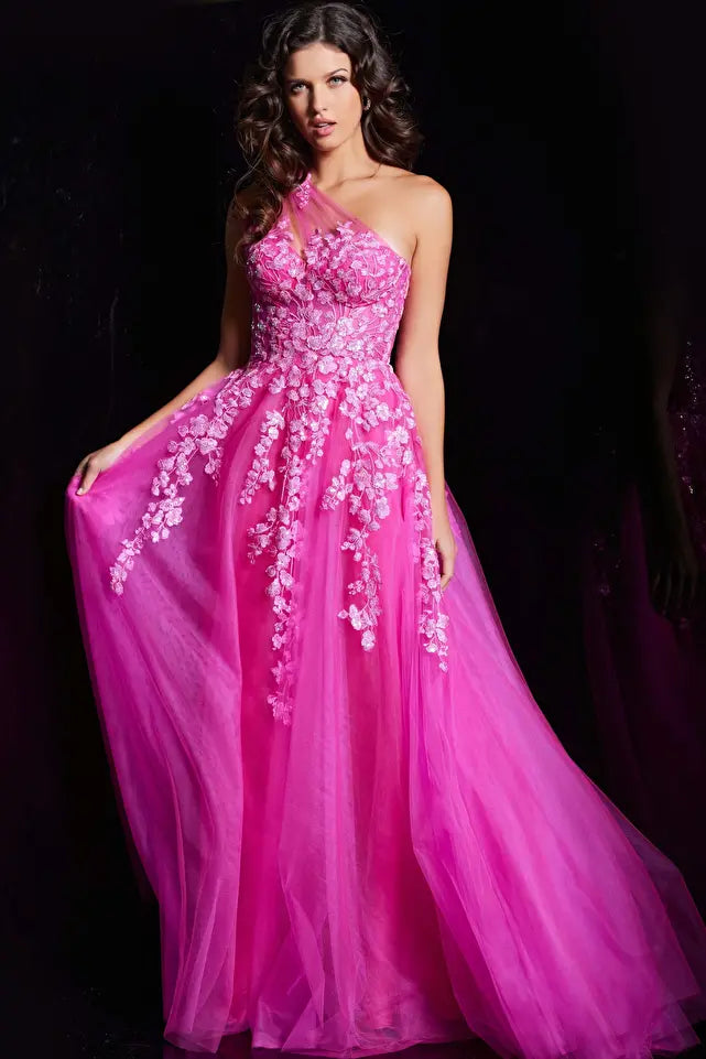Jovani -39318B Floral Embroidered Asymmetric A-line Gown