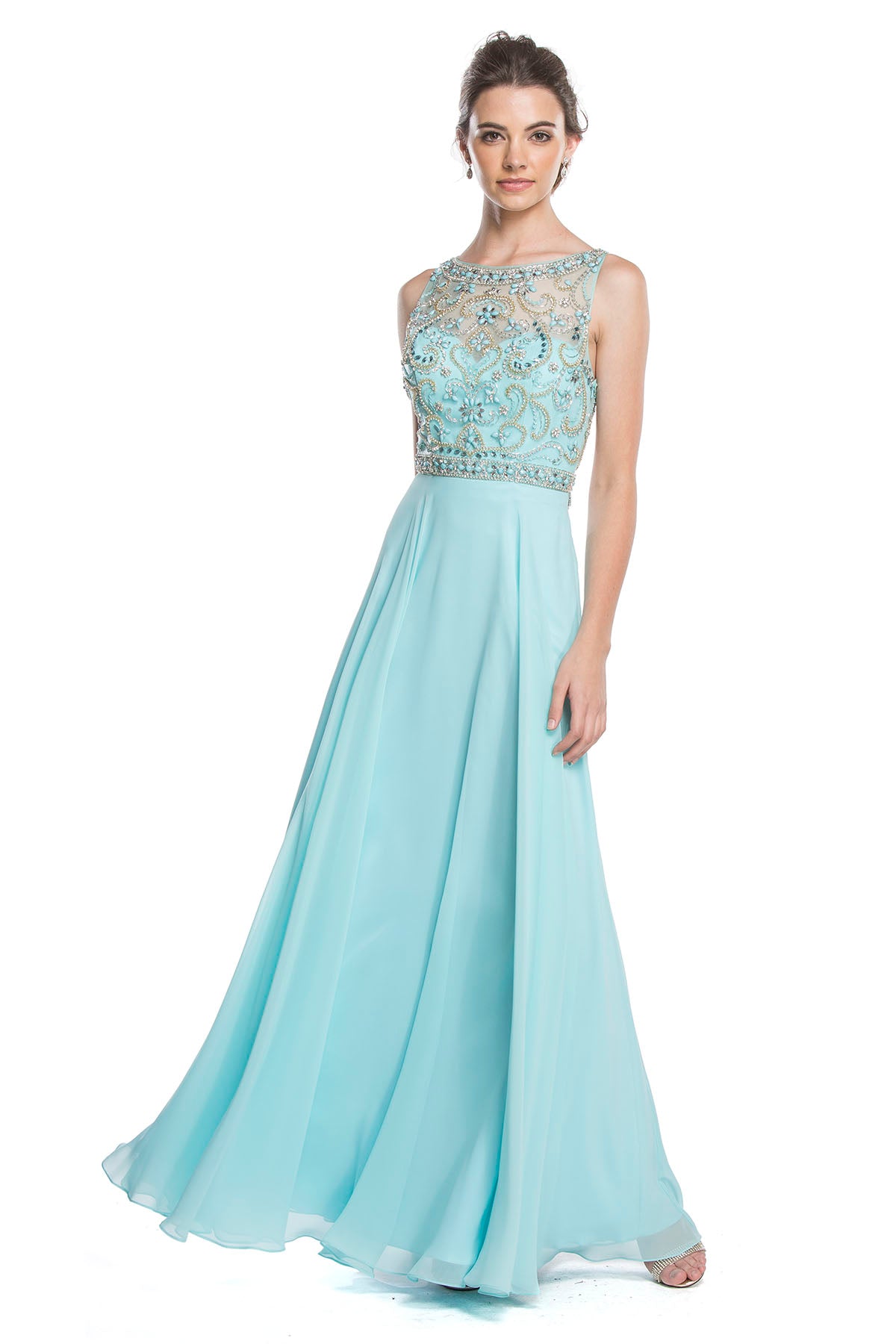 Clearance Sale Aspeed Design -L1611CL Embellished Bodice A Line Dress, CORAL
