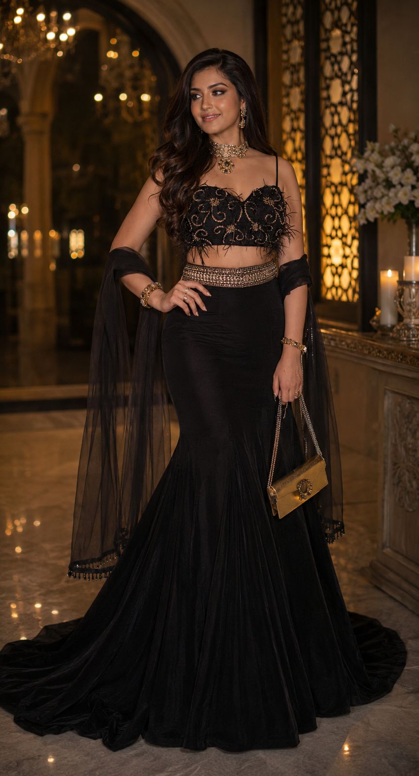MyFashion -LIB26029 Black Velvet Mermaid Skirt with Embroidered Top & Net Dupatta