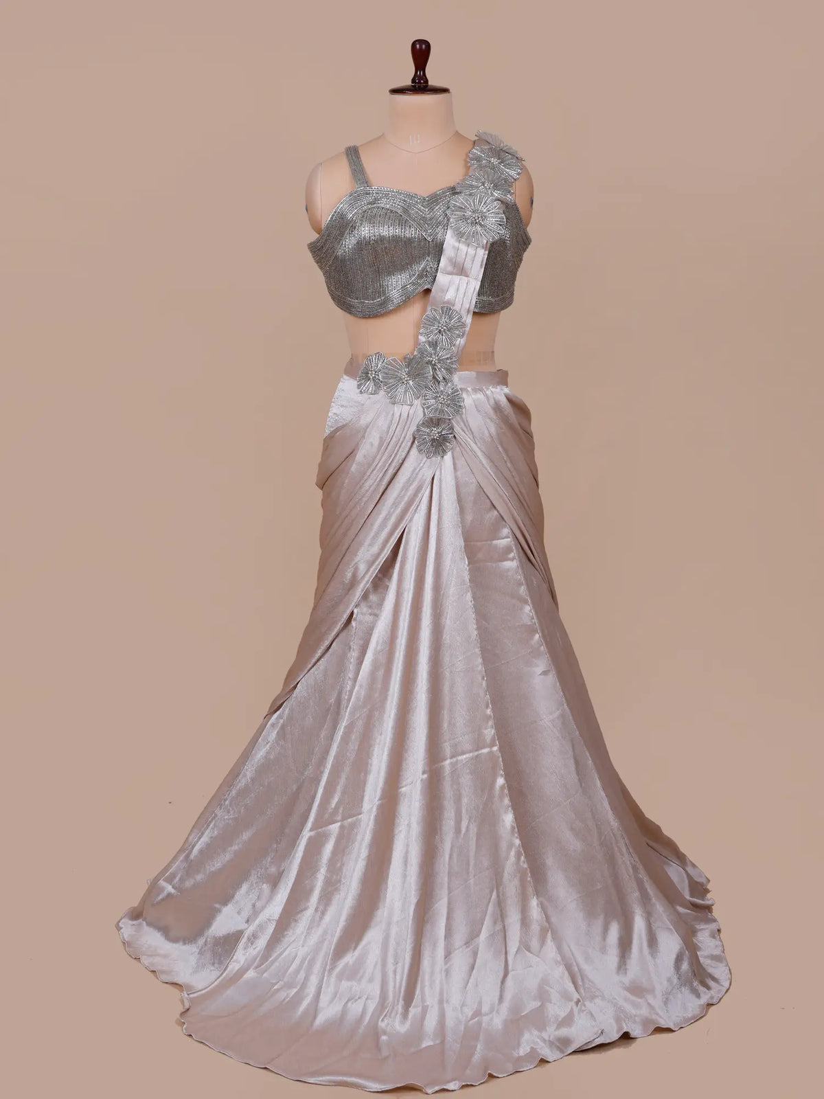MyFashion KLS-2753 Trending Rose Gold Silk Saree Style Lehenga With Moti Patch Work