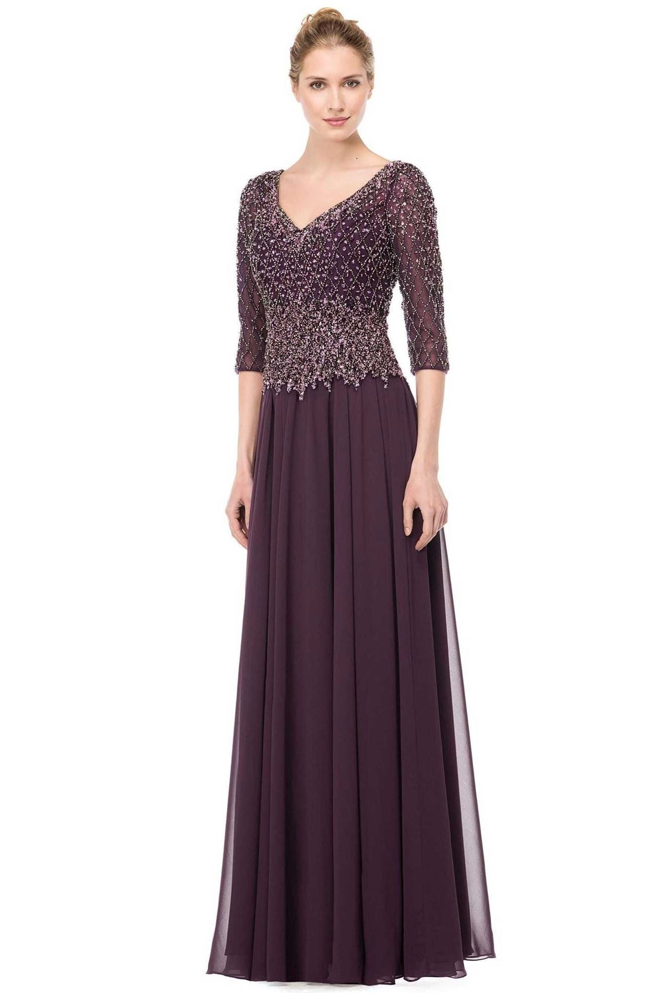 Marsoni by Colors -M165 A Line Chiffon Dress With Beaded Bodice