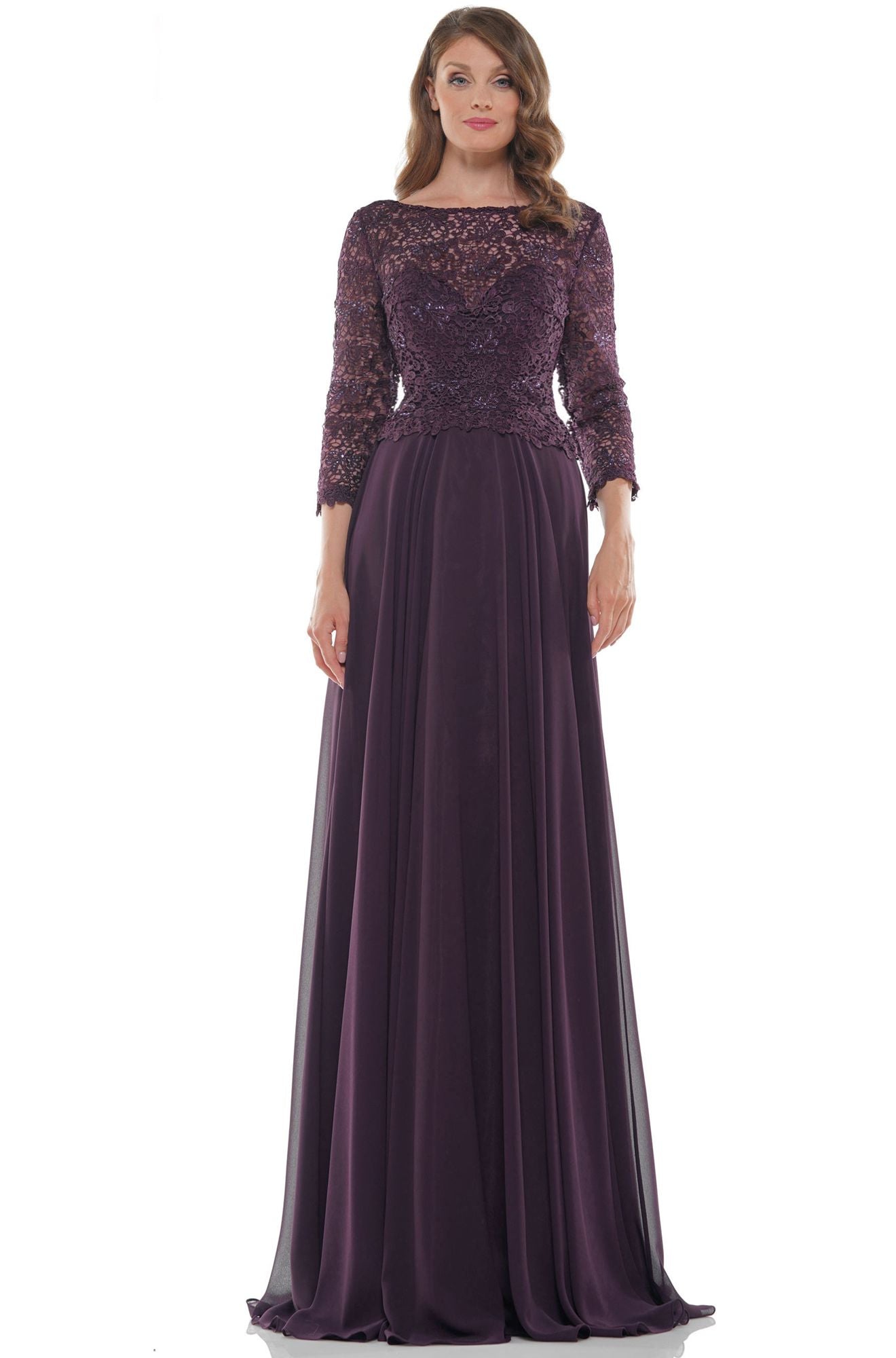 Marsoni by Colors -M223 A Line Chiffon Dress With Boat Neck
