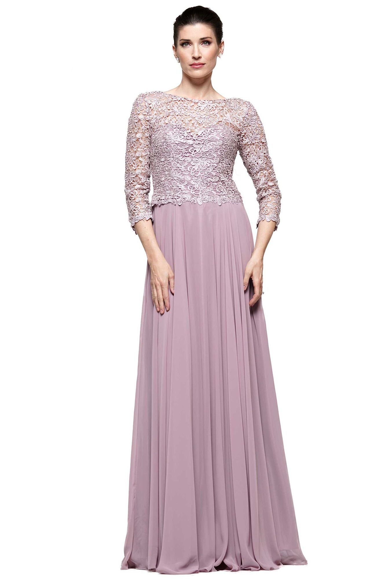 Marsoni by Colors -M223 A Line Chiffon Dress With Boat Neck