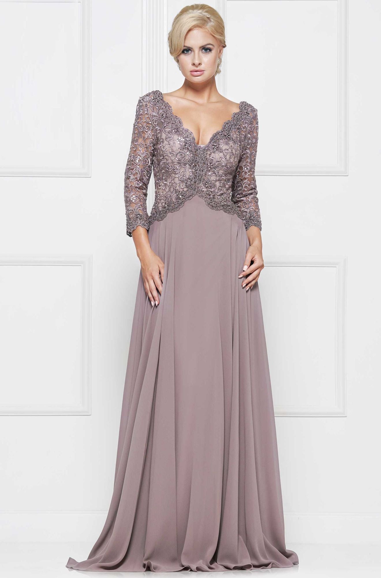 Marsoni by Colors -M225 A Line Chiffon Dress With Emboridered Bodice