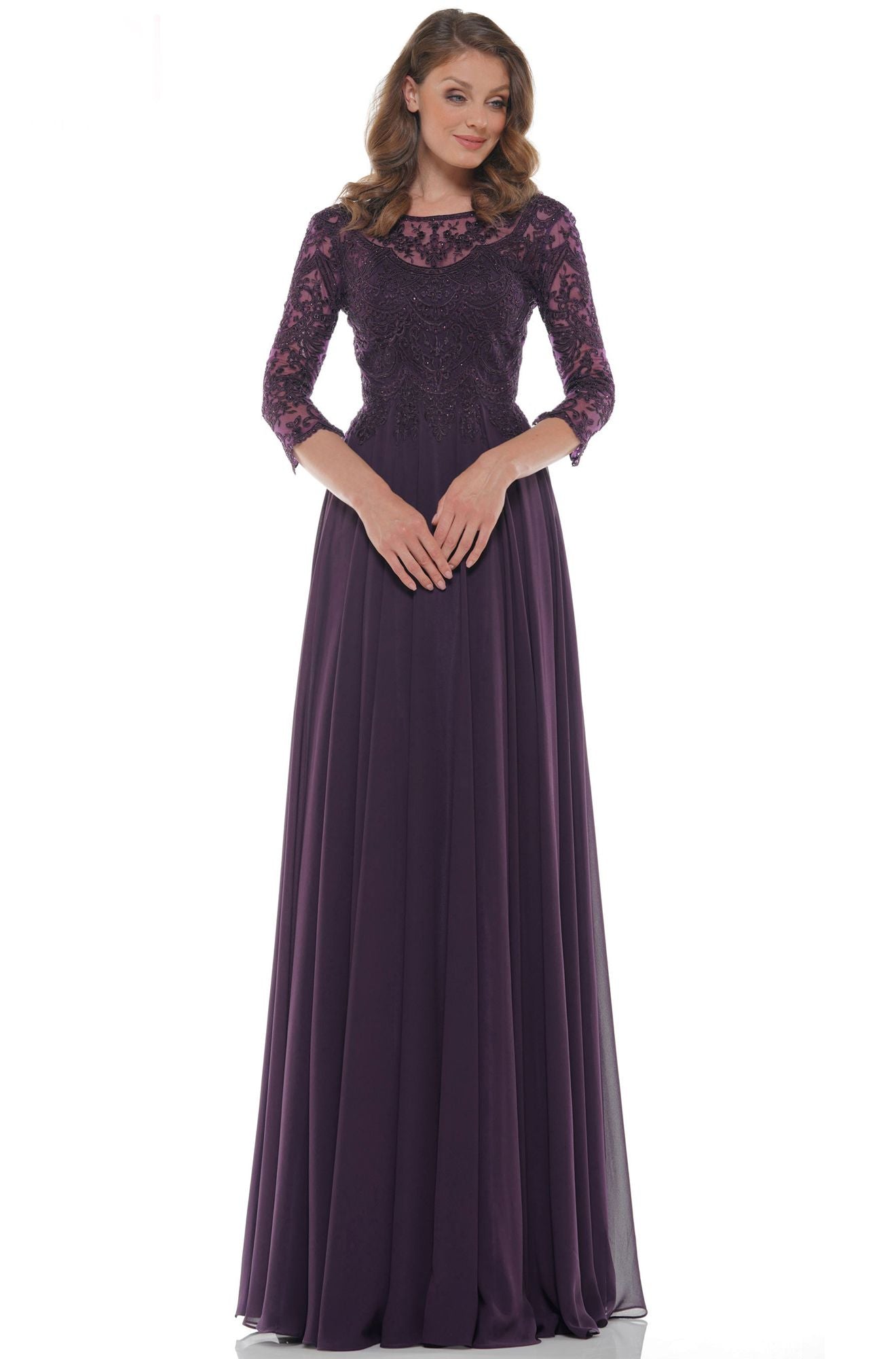 Marsoni by Colors -M238SL A Line Chiffon Dress With Embroidered Bodice And Long Sleeve