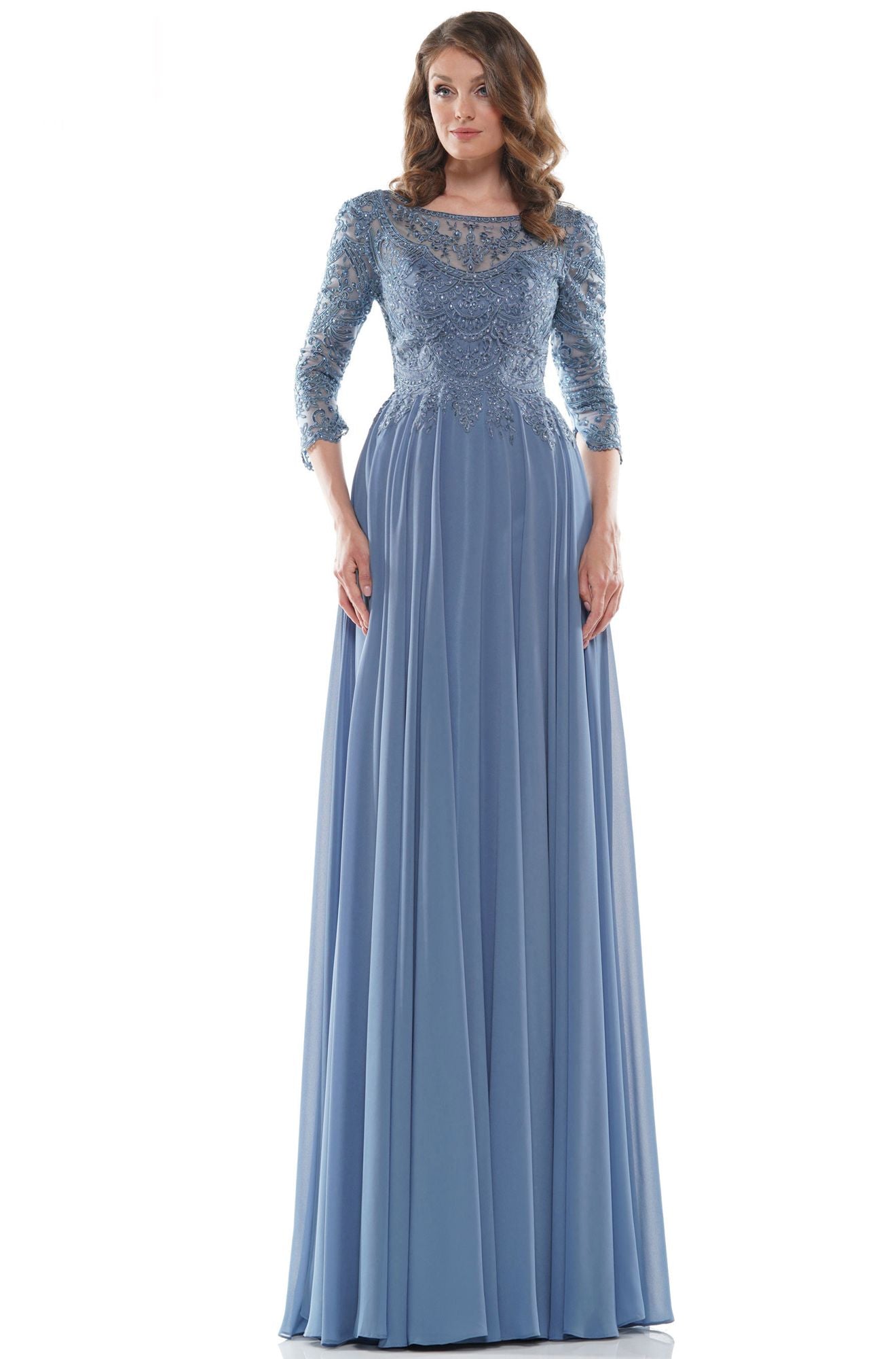 Marsoni by Colors -M238SL A Line Chiffon Dress With Embroidered Bodice And Long Sleeve