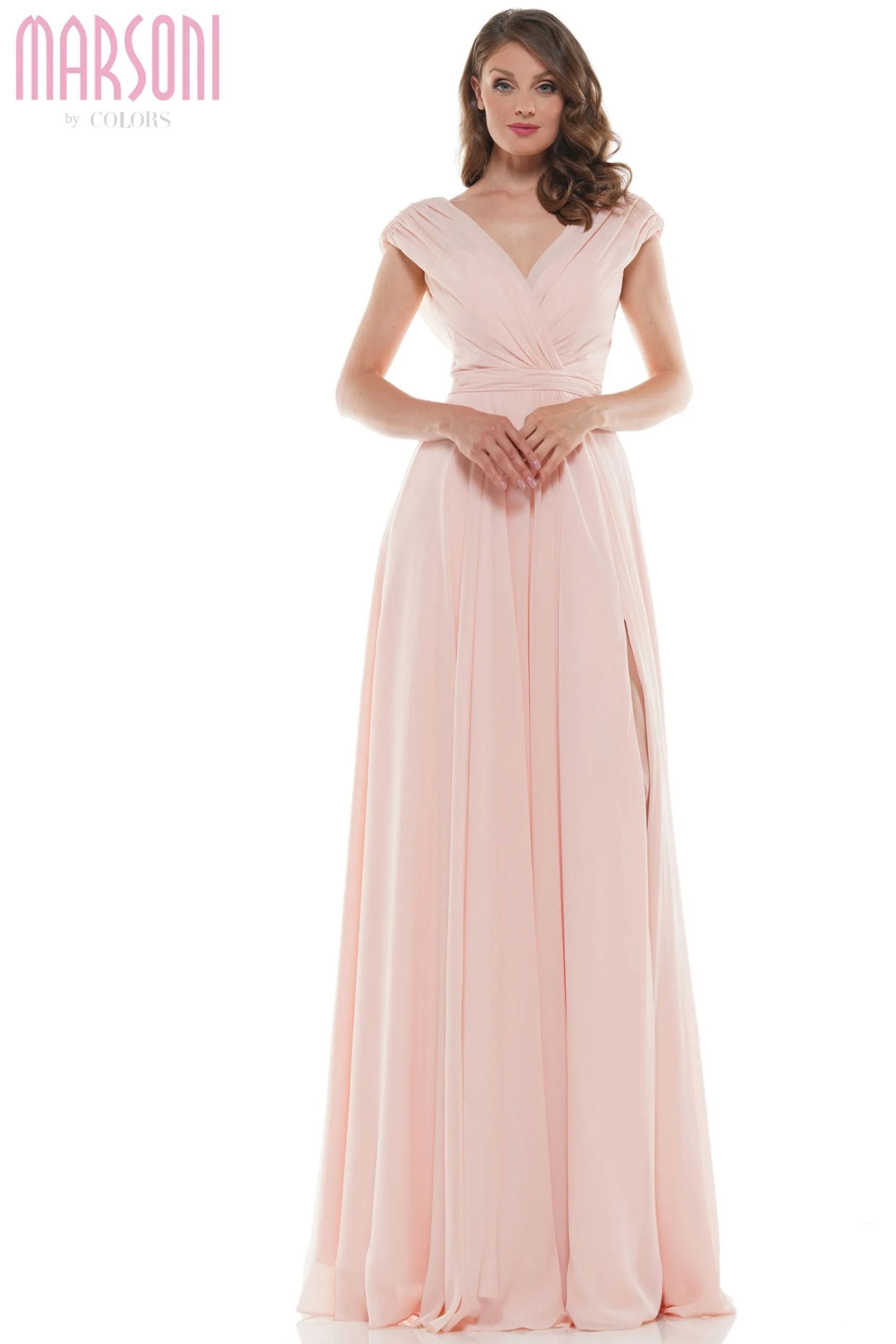 Marsoni by Colors -M251 01 Chiffon Gathered V-Neck Gown