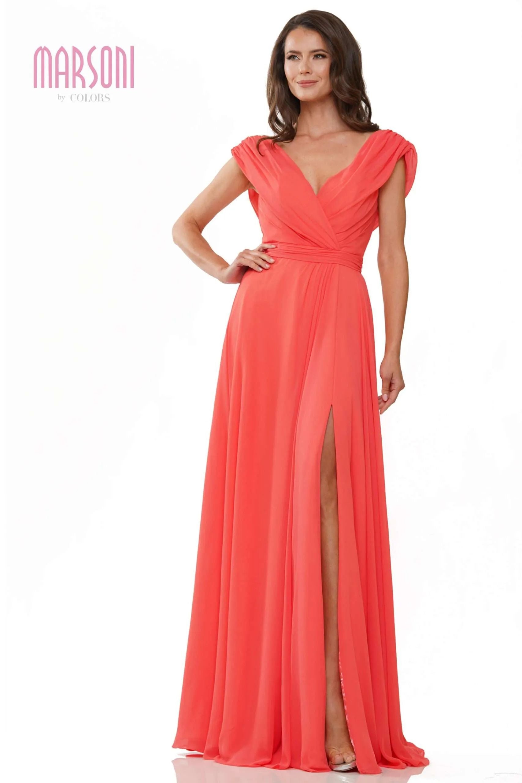 Marsoni by Colors -M251 01 Chiffon Gathered V-Neck Gown