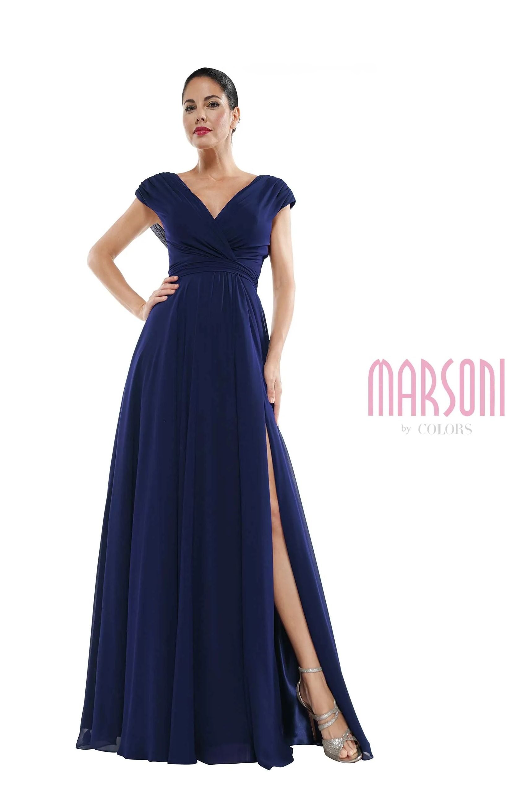 Marsoni by Colors -M251 01 Chiffon Gathered V-Neck Gown
