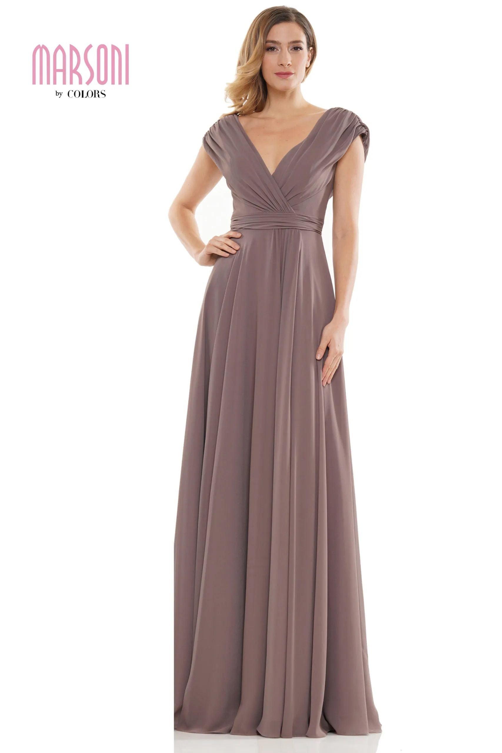 Marsoni by Colors -M251 01 Chiffon Gathered V-Neck Gown