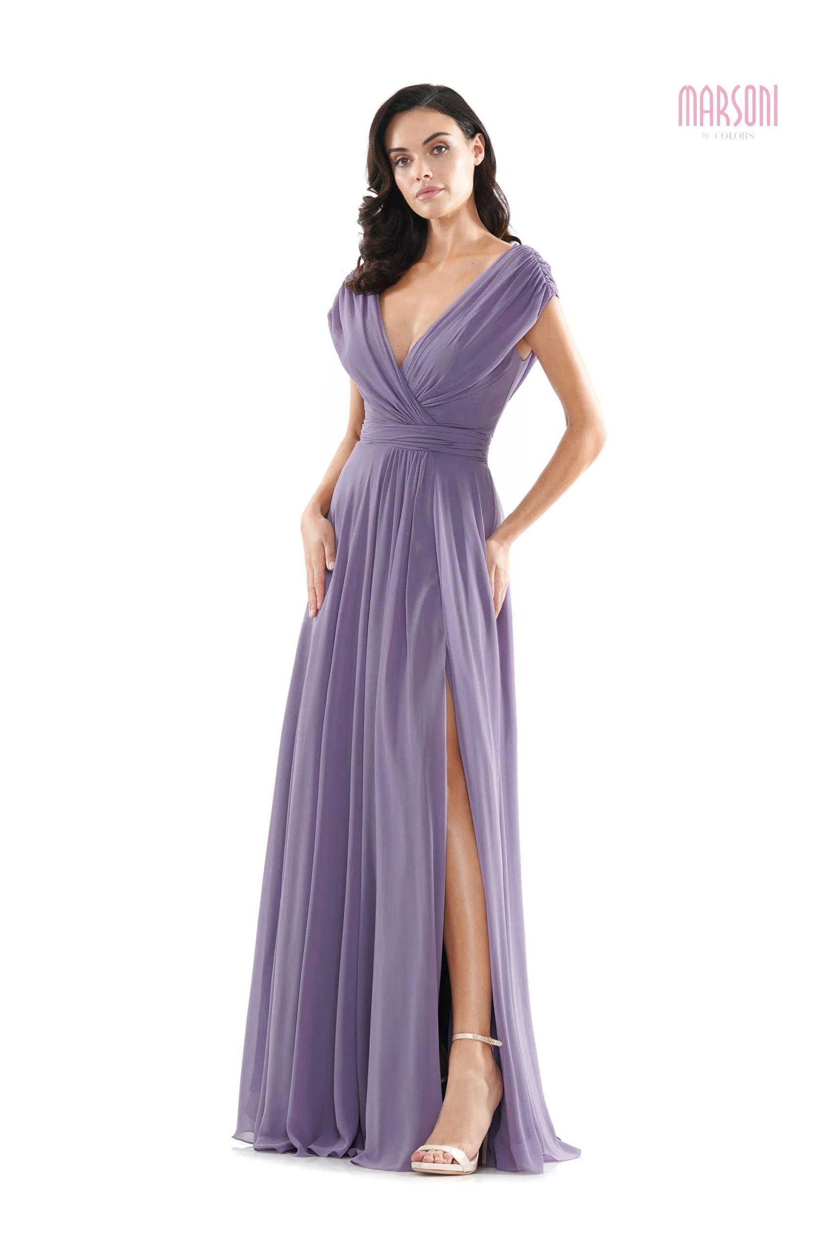 Marsoni by Colors -M251 01 Chiffon Gathered V-Neck Gown