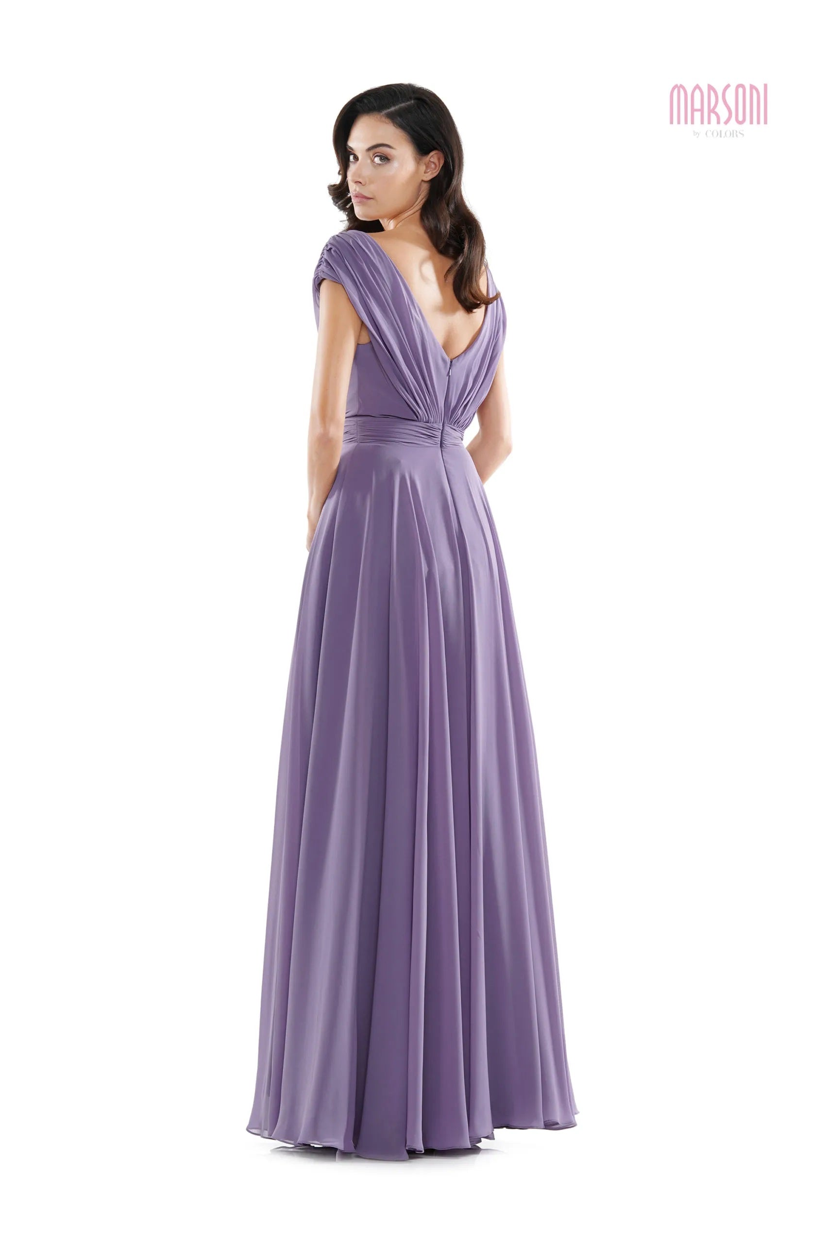 Marsoni by Colors -M251 01 Chiffon Gathered V-Neck Gown