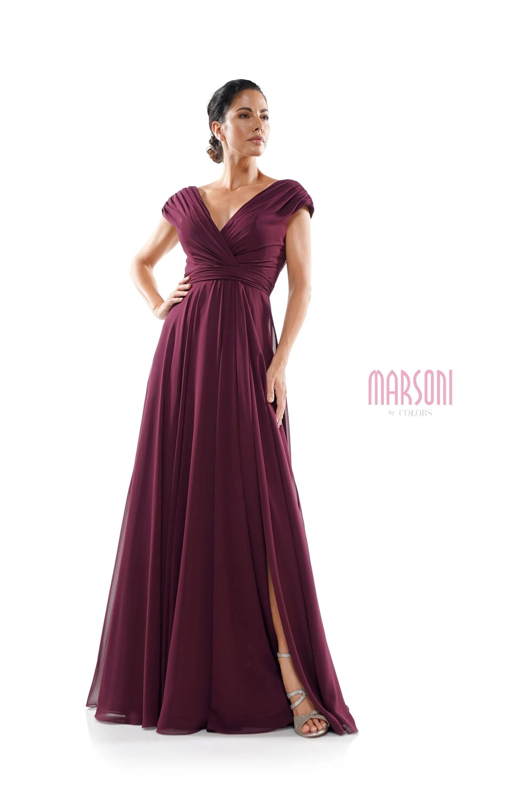 Marsoni by Colors -M251 01 Chiffon Gathered V-Neck Gown