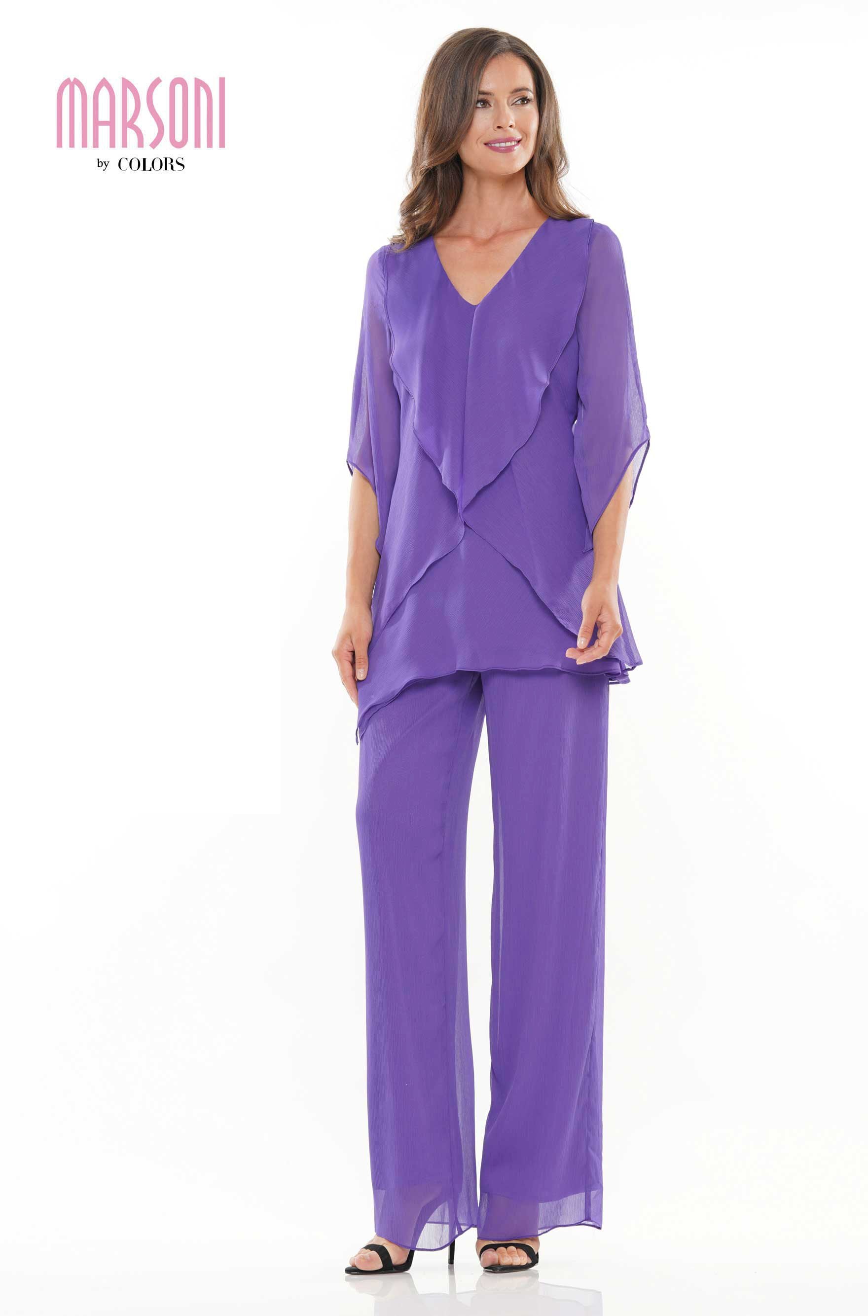 Marsoni by Colors -M308 Chiffon Pantsuit With V Neck