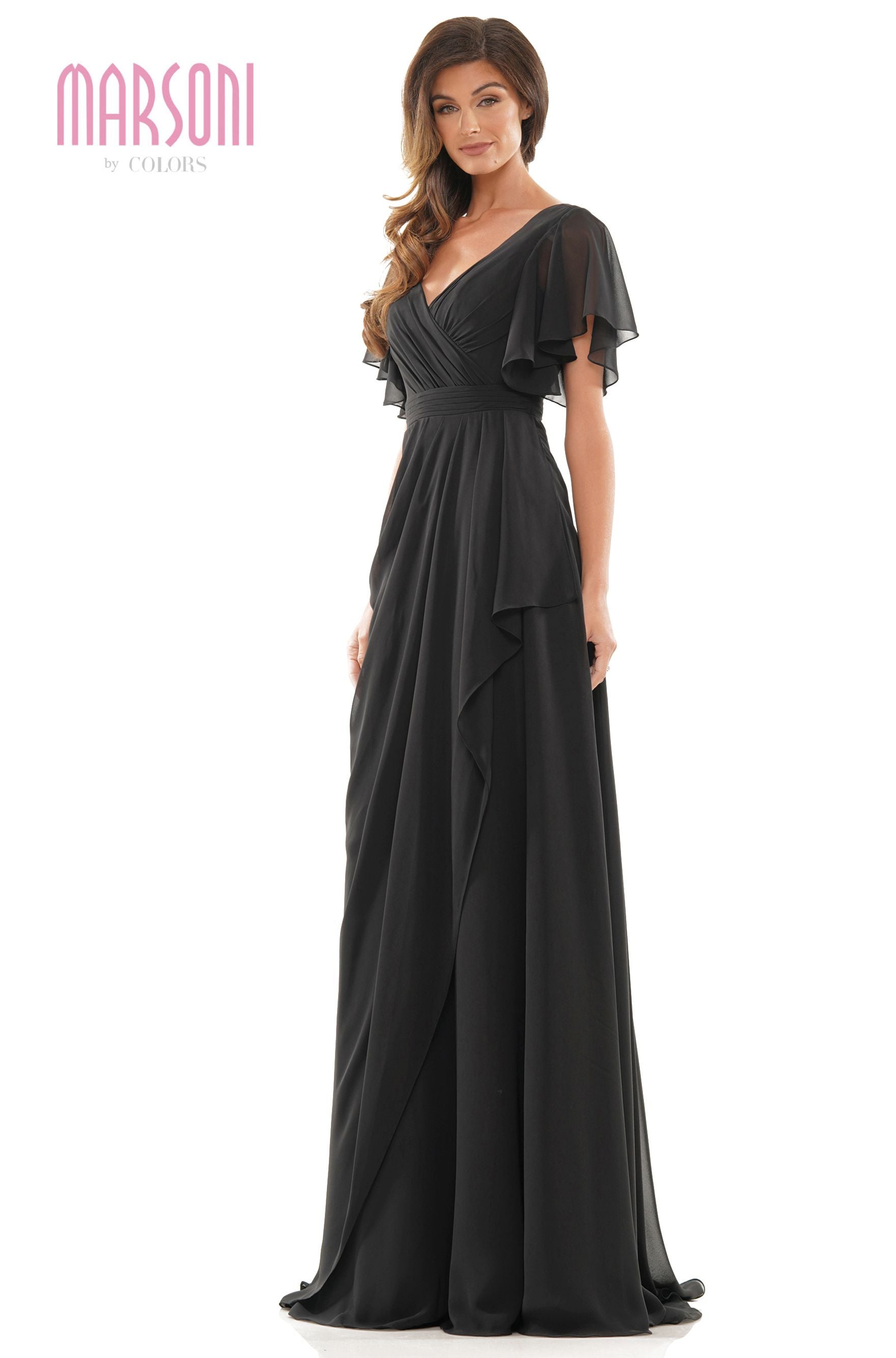 Marsoni by Colors -M320 Ruched A Line Dress With Flutter Sleeves