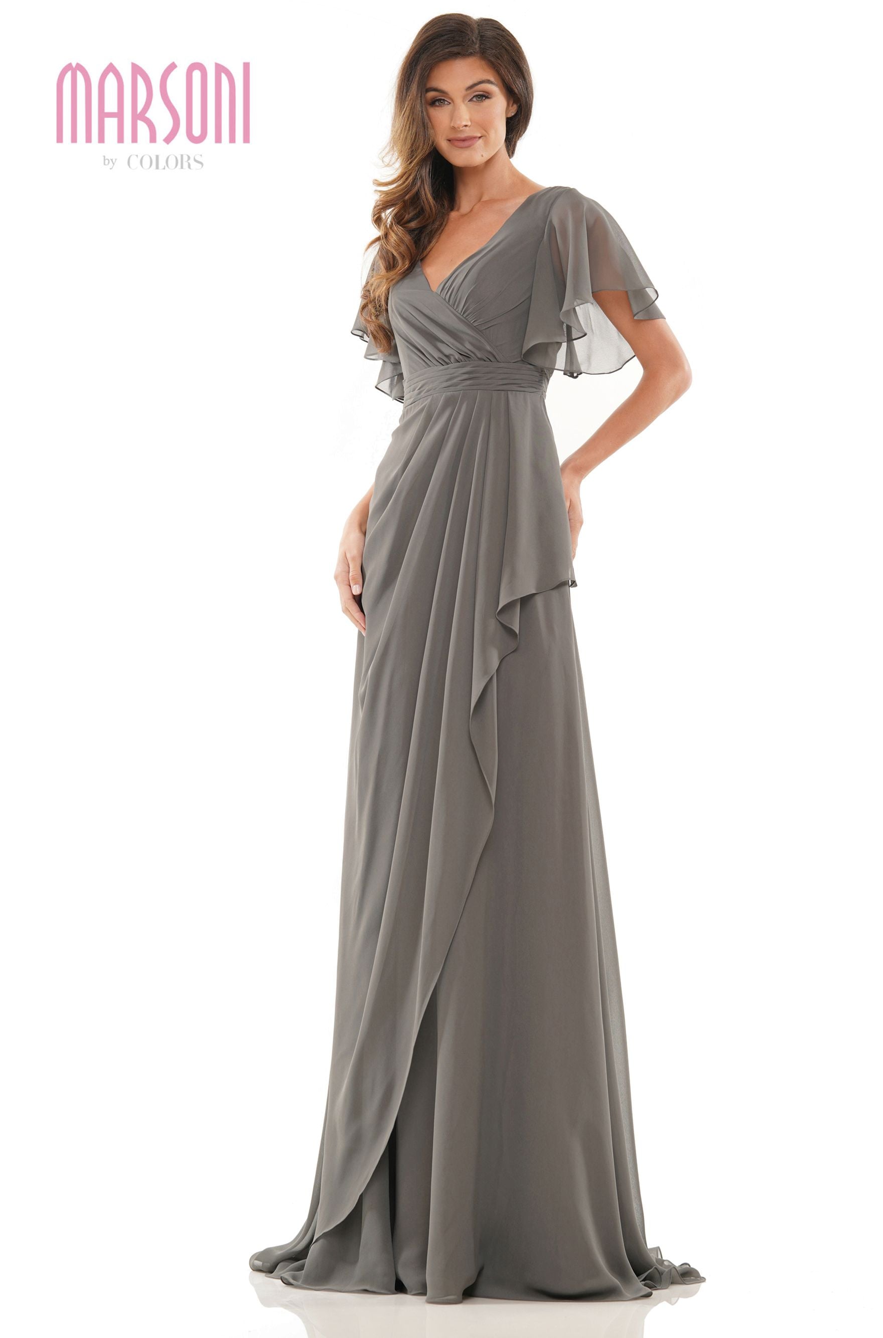 Marsoni by Colors -M320 Ruched A Line Dress With Flutter Sleeves