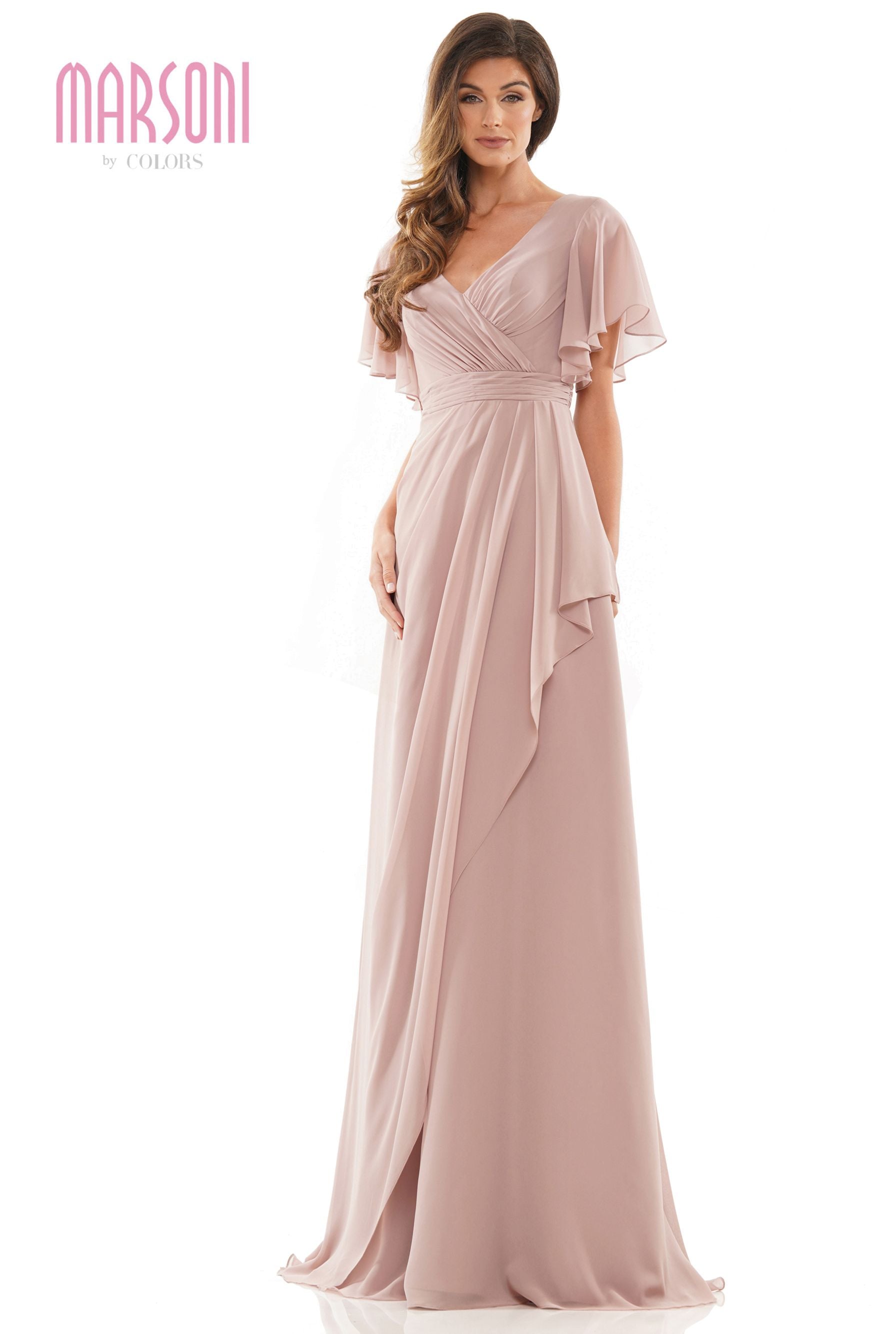 Marsoni by Colors -M320 Ruched A Line Dress With Flutter Sleeves