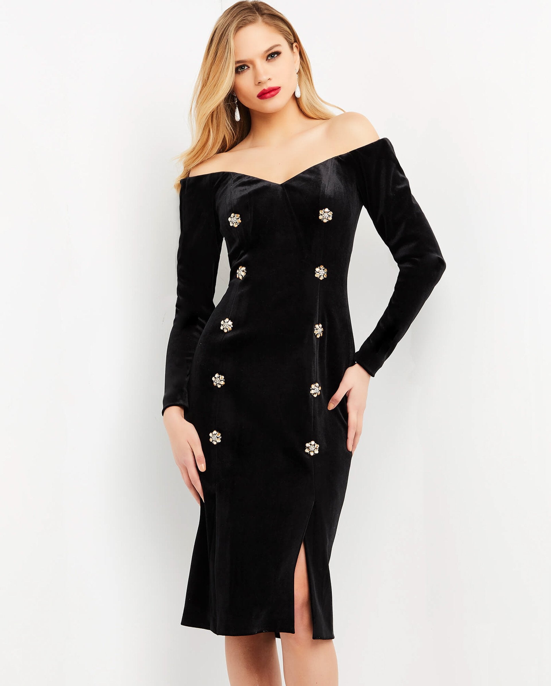 Jovani -M3285 Off Shoulder Knee Length Dress
