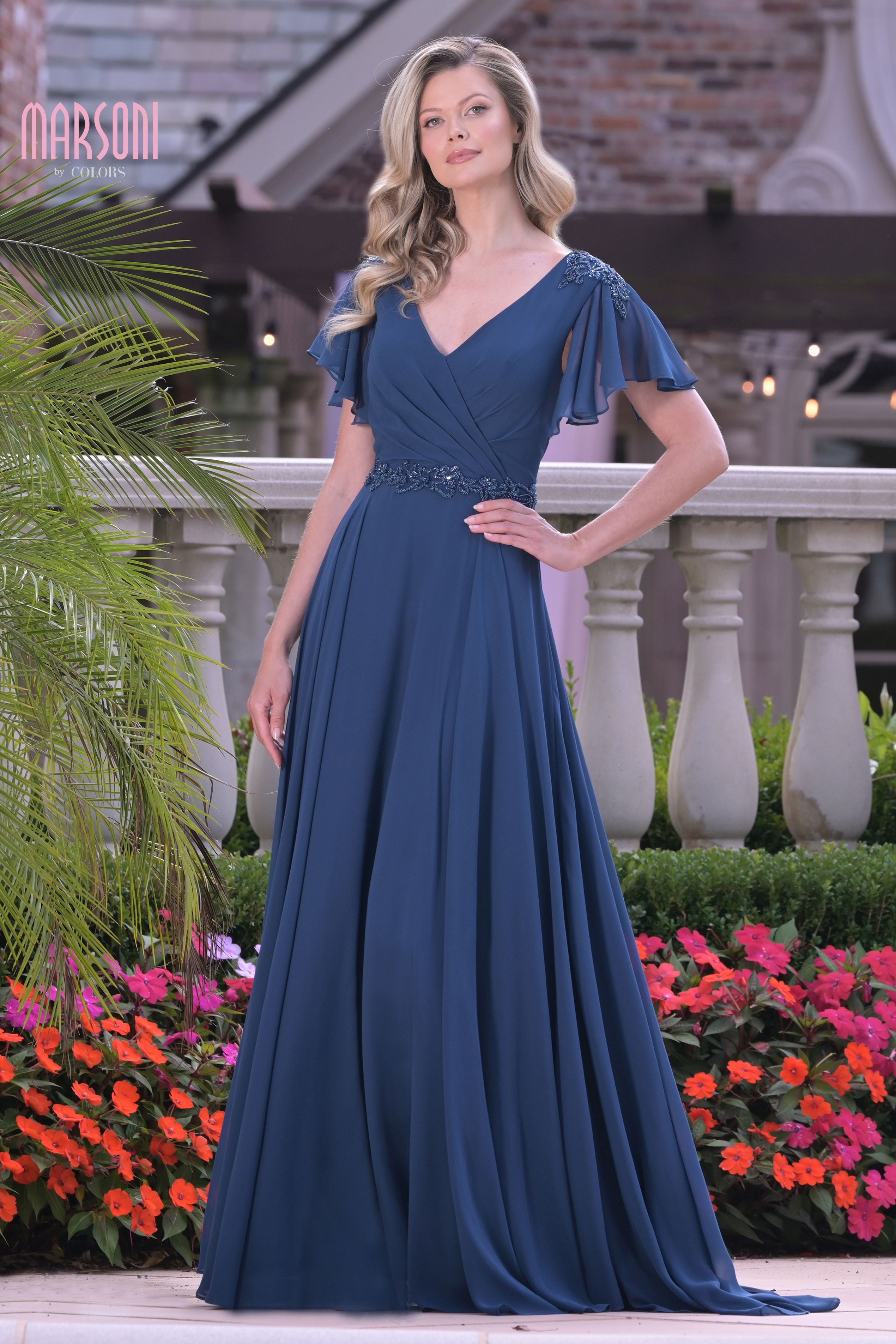 Marsoni by Colors -M328 V-neck A-line chiffon gown