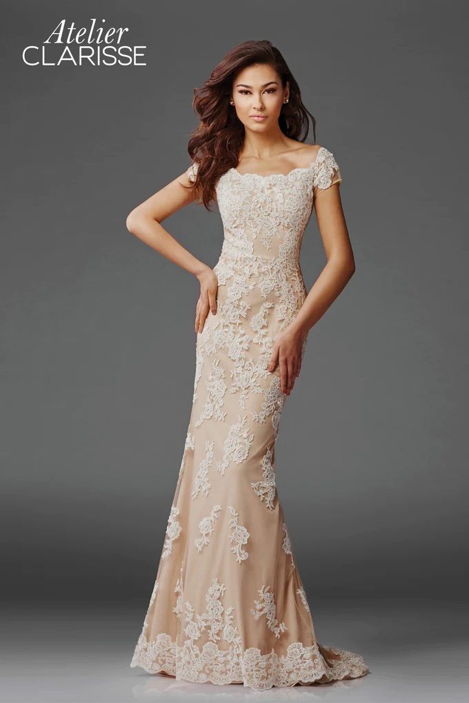 Clarisse -M6417 Floral Lace Bateau Trumpet Evening Gown