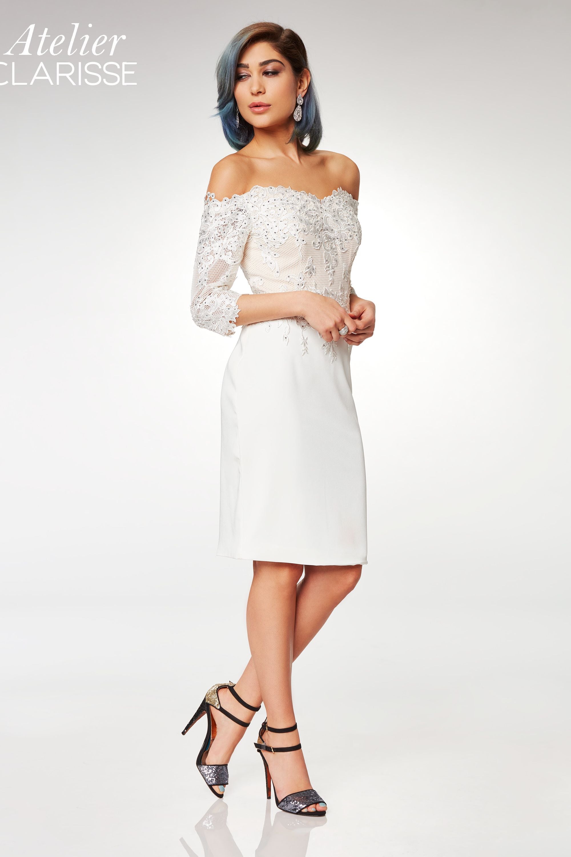 clarisse off the shoulder mini dress Prom Sheath Off-Shoulder Lace Floor-Length Satin Dress M6566 by Clarisse 12 / Ivory