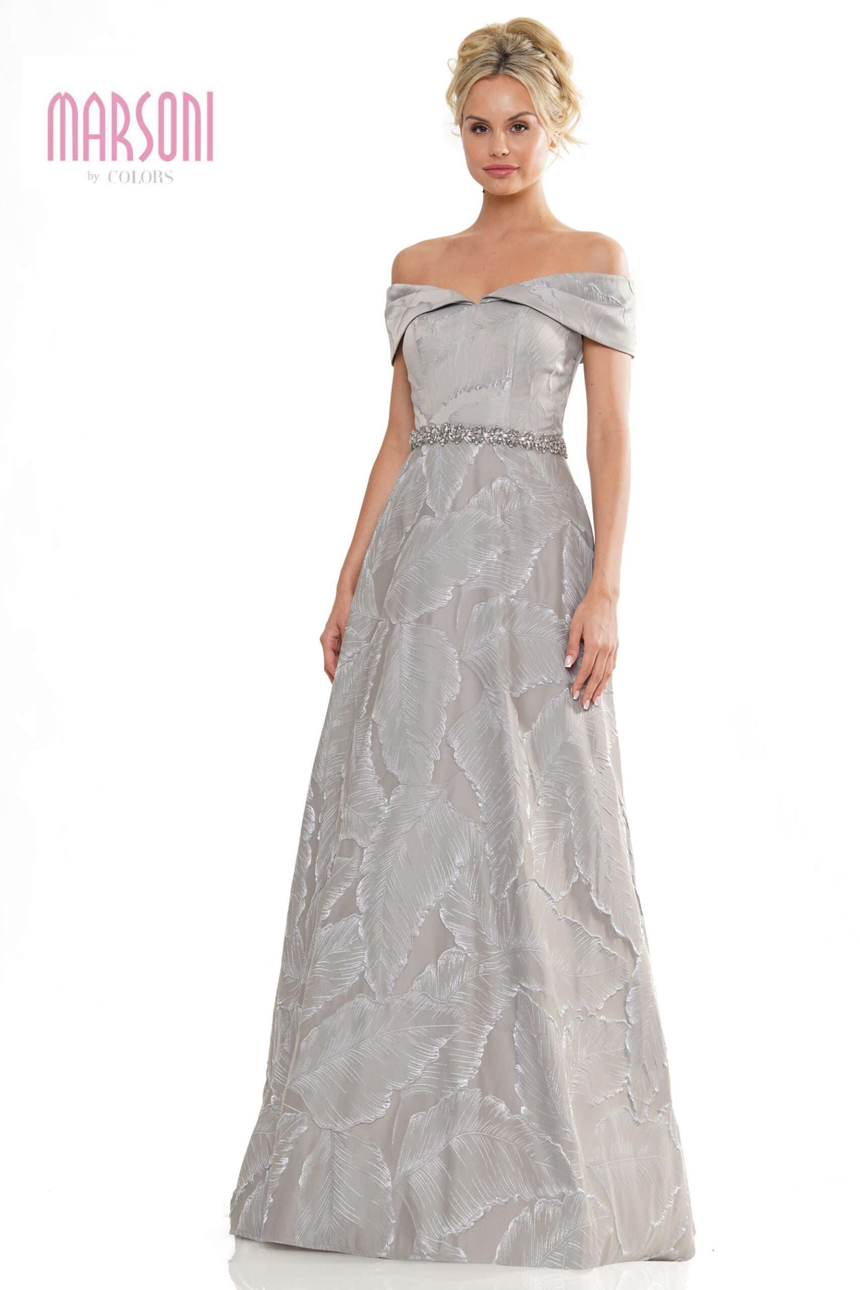 Clearance Sale Marsoni by Colors -MV1265CL Off-Shoulder Brocade Fit Dress