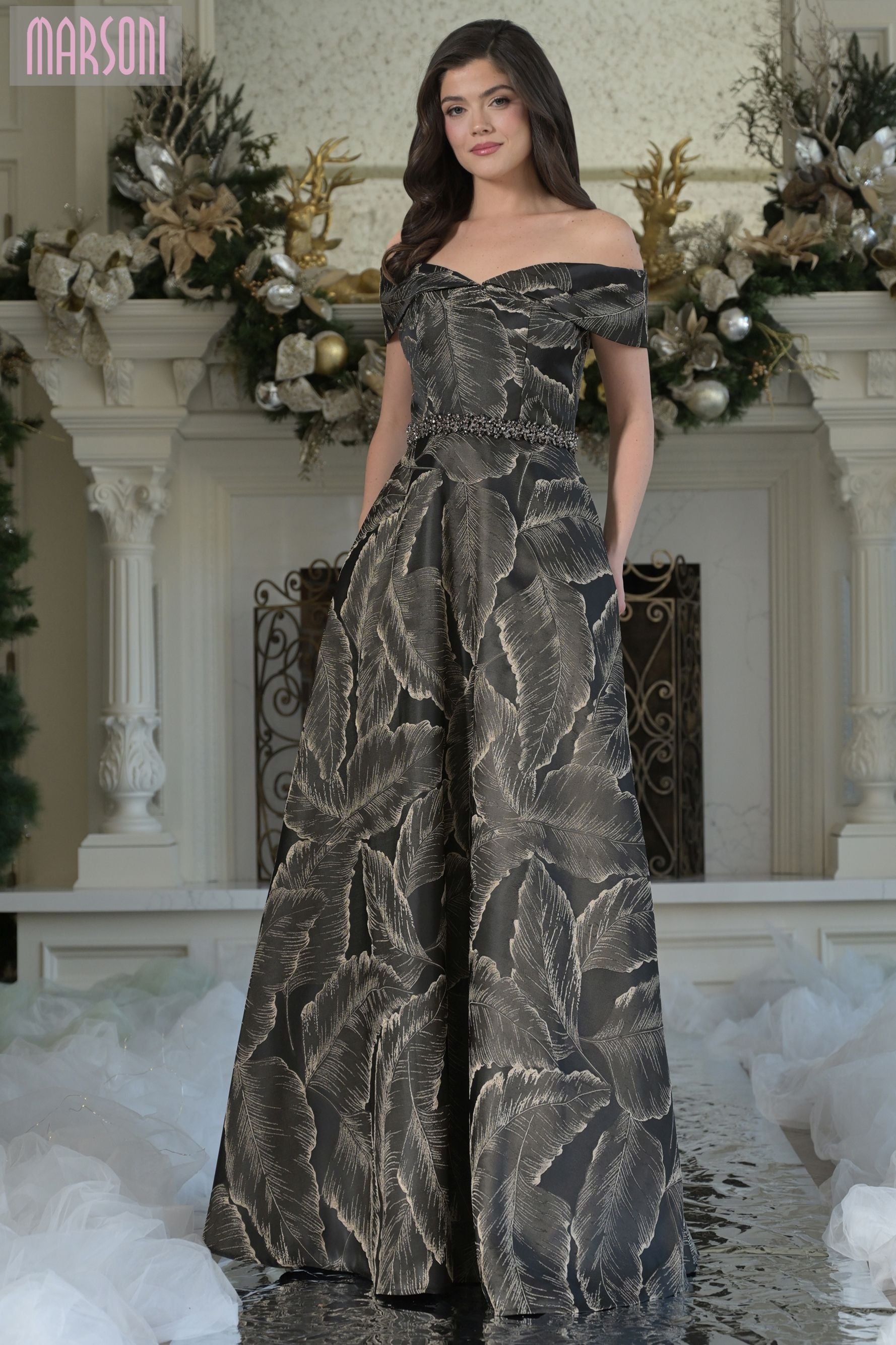 Marsoni by Colors -MV1265 Off-Shoulder Brocade Fit Dress