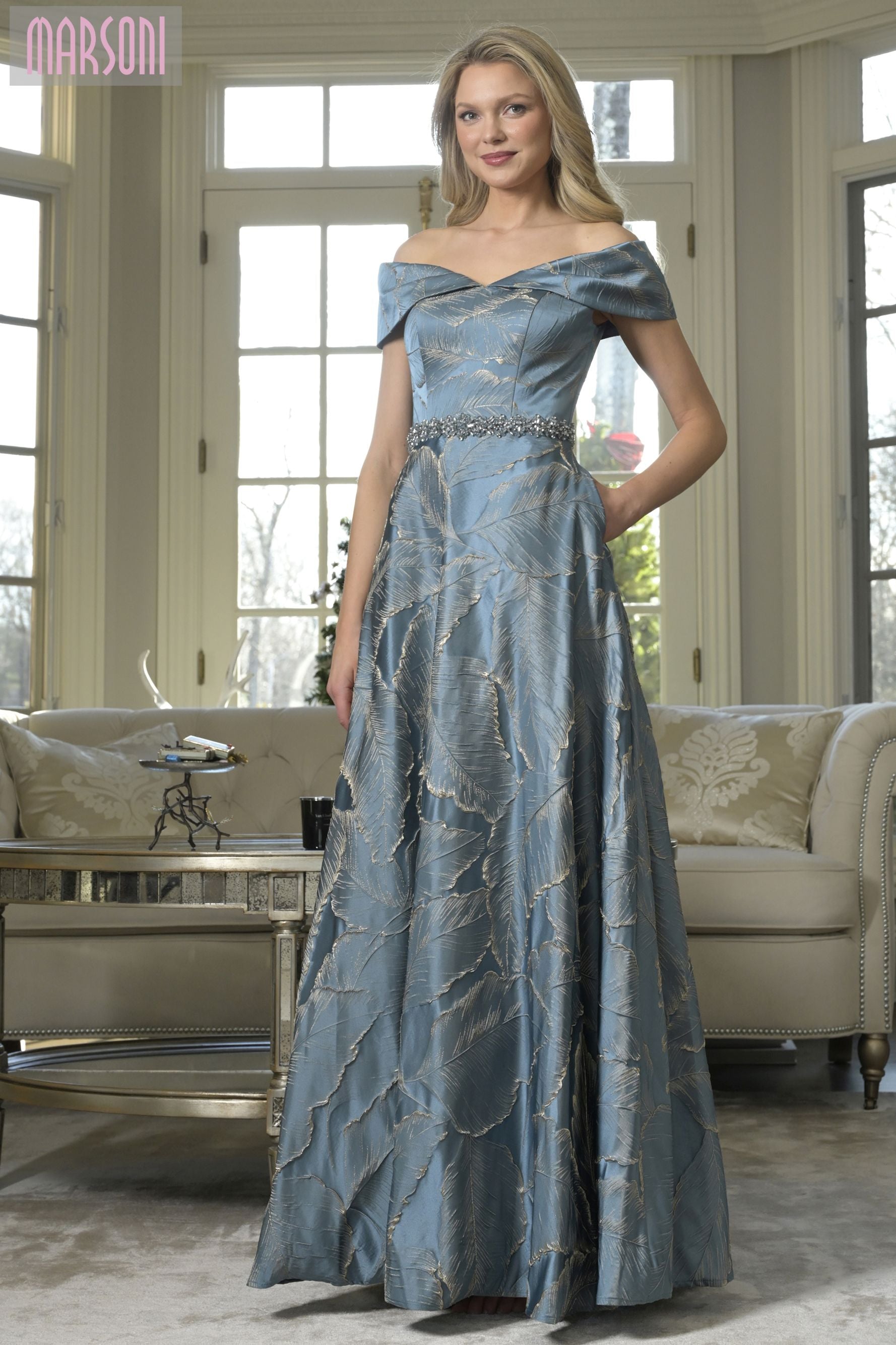 Marsoni by Colors -MV1265 Off-Shoulder Brocade Fit Dress