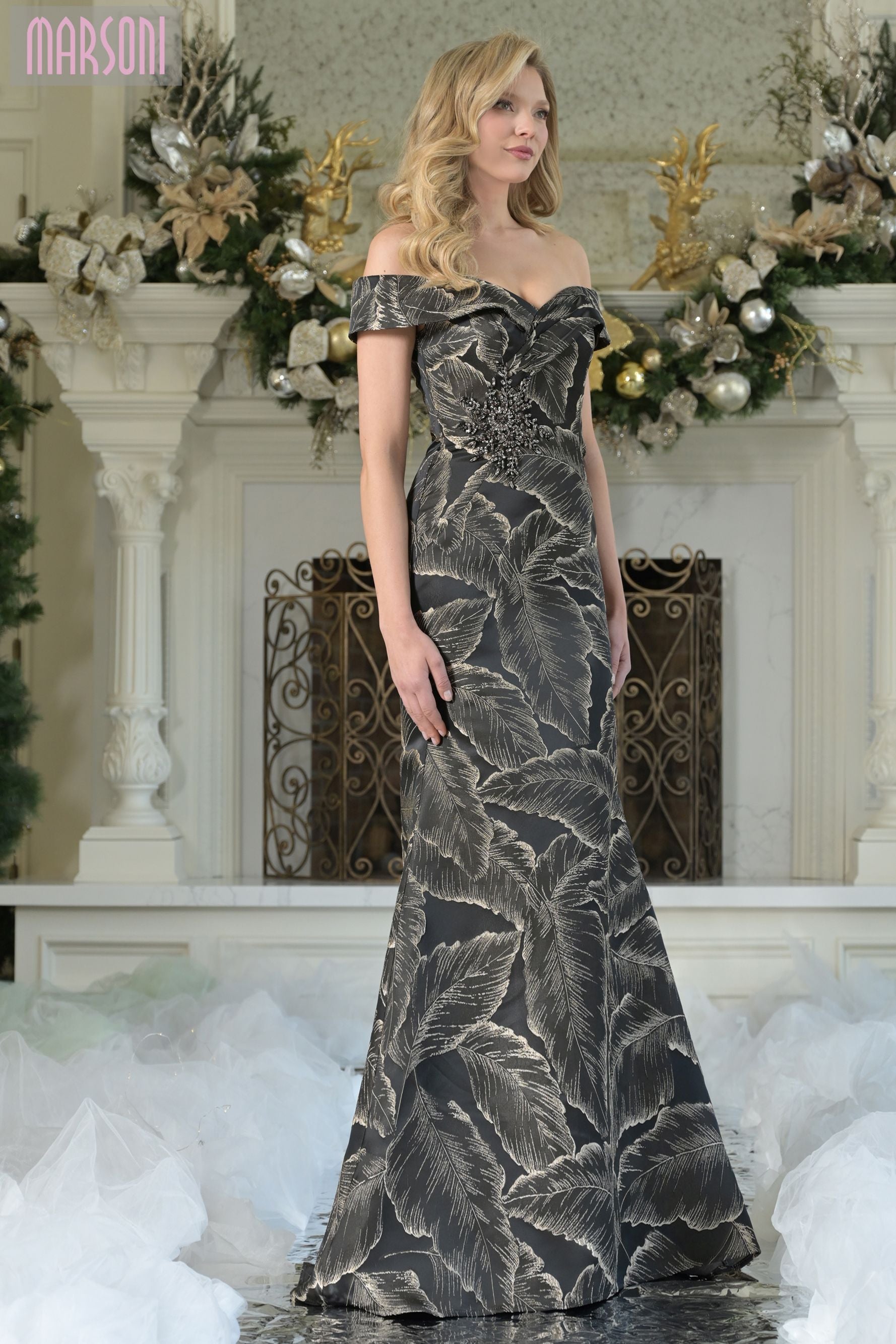 Clearance Sale Marsoni by Colors -MV1266CL Off-Shoulder Trumpet Fit Dress