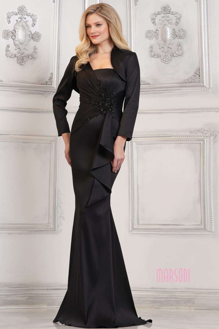 Marsoni by Colors -MV1294 Beaded Applique Ruffled Mikado Dress