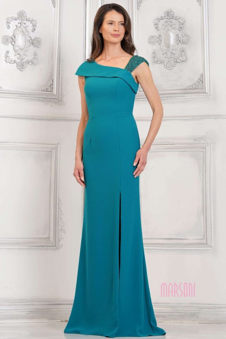 Marsoni by Colors -MV1296 Asymmetric Beaded Crepe Sheath Dress