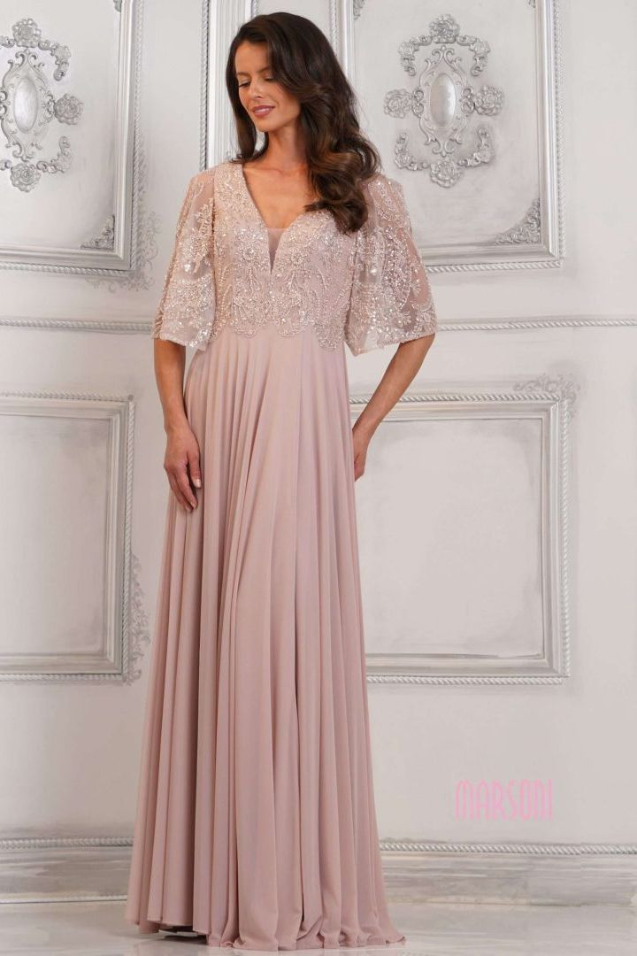 Marsoni by Colors -MV1302 V-Neck Beaded Bodice A-Line Dress Marsoni by Colors -MV1302 V-Neck Beaded Bodice A-Line Dress